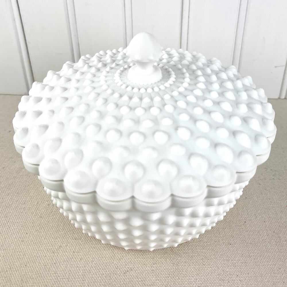White Hobnail Lidded Bowl, Decorative Bowl with Scalloped Edge, Vintage Inspired - Picture 2 of 10